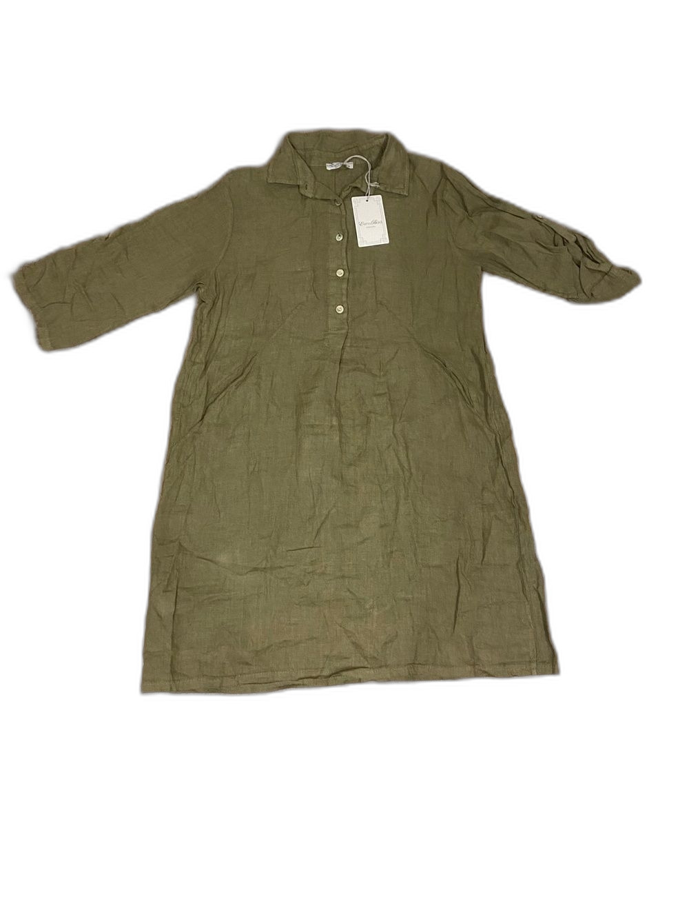 Elena Baldi Italy 100% Linen Army Green Button-Up Knee Tee Dress M POCKETS!!